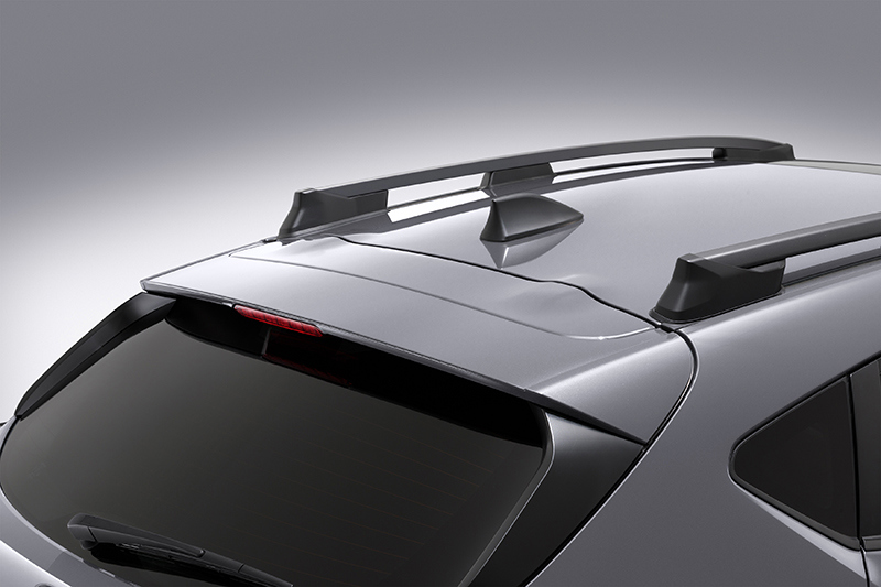 Subaru Crosstrek jumts ar haizivs spuras tipa antenu un izturīgām jumta reliņiem.