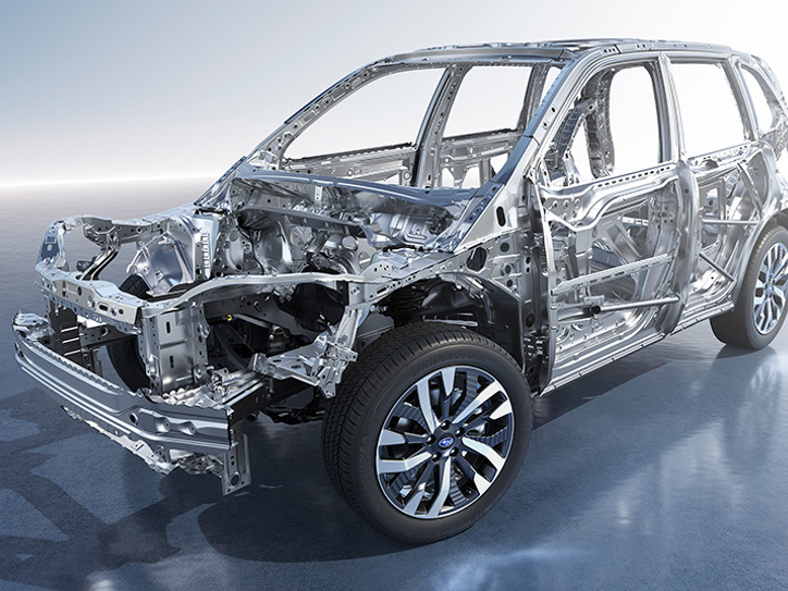 Ilustrācija ar Subaru Forester drošības karkasu, kas parāda pastiprināto struktūru uzlabotai triecienizturībai.