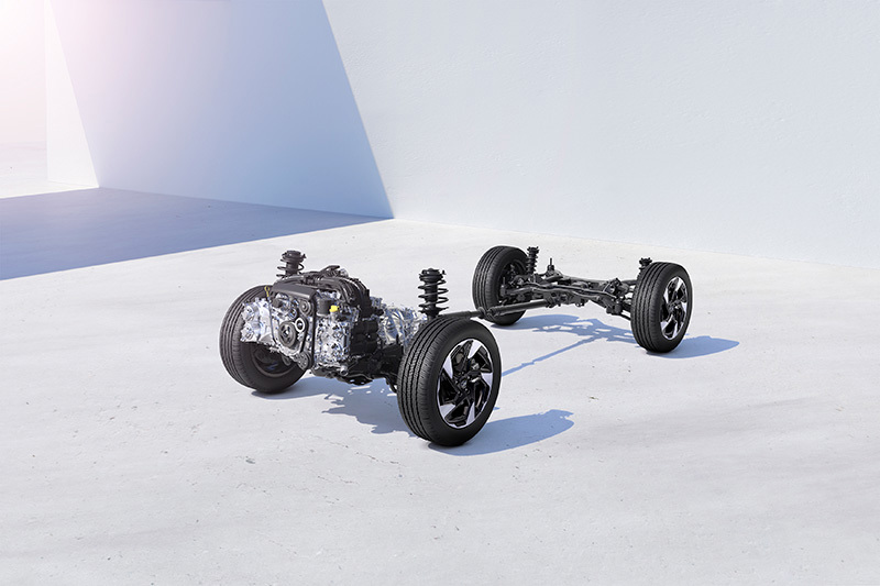 Animācija parāda Subaru simetrisko pilnpiedziņu Crosstrek modelī – ar līdzsvarotu piedziņu un asīm maksimālai stabilitātei un saķerei ar ceļu.