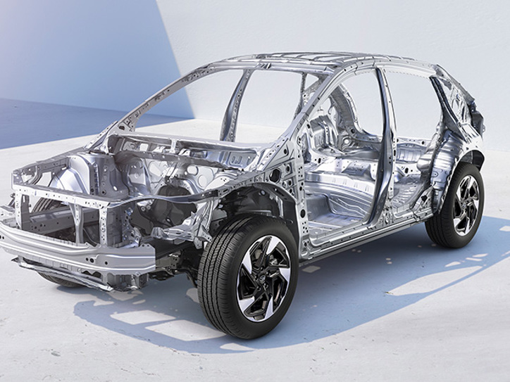 Ilustrācija ar Subaru Crosstrek drošības karkasu, kas parāda konstrukciju uzlabotai triecienu drošībai.