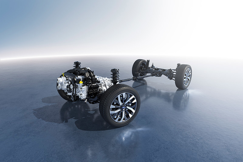 Ilustrācija ar Subaru Lineartronic CVT automātisko pārnesumkārbu – uzsvars uz komponentiem un jaudas pārnesi.