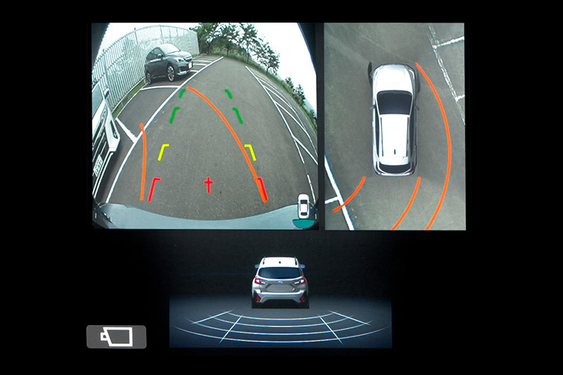 Subaru skārienekrānā redzams attēls no atpakaļskata kameras, tostarp redzes lauks un palīglīnijas.